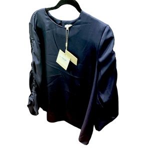 Tibi NWT Mendini shirted long sleeve satin Navy blouse size 12